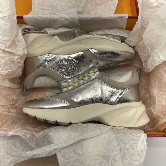 Tory Burch Good Luck Trainer Metallic Silver Leather Womens 5 New in Box - Picture 9 of 11